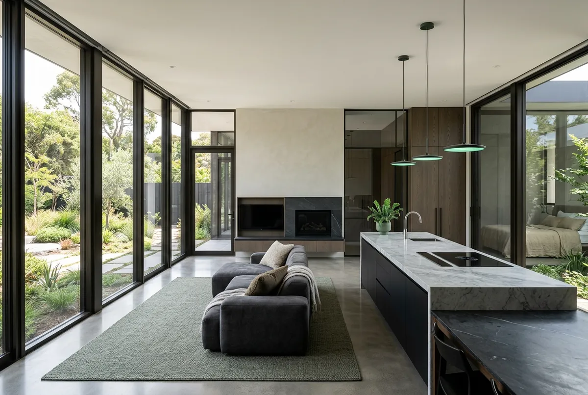Modern ADU Interior with large windows and stone finishes