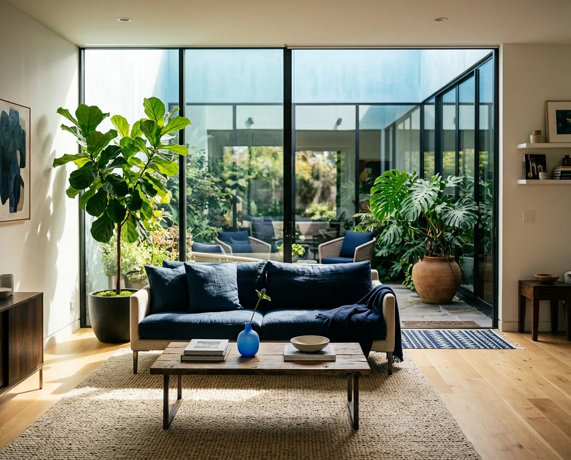 Sunlit modern living room seamlessly blending into a lush garden patio with architectural greenery