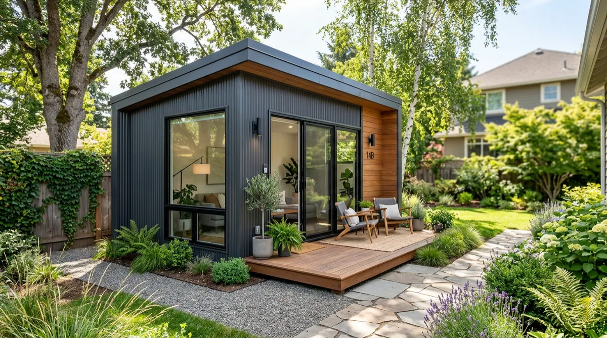 Chill Out 1 bed / 1 bath backyard ADU exterior — compact modern steel-frame style home with large windows
