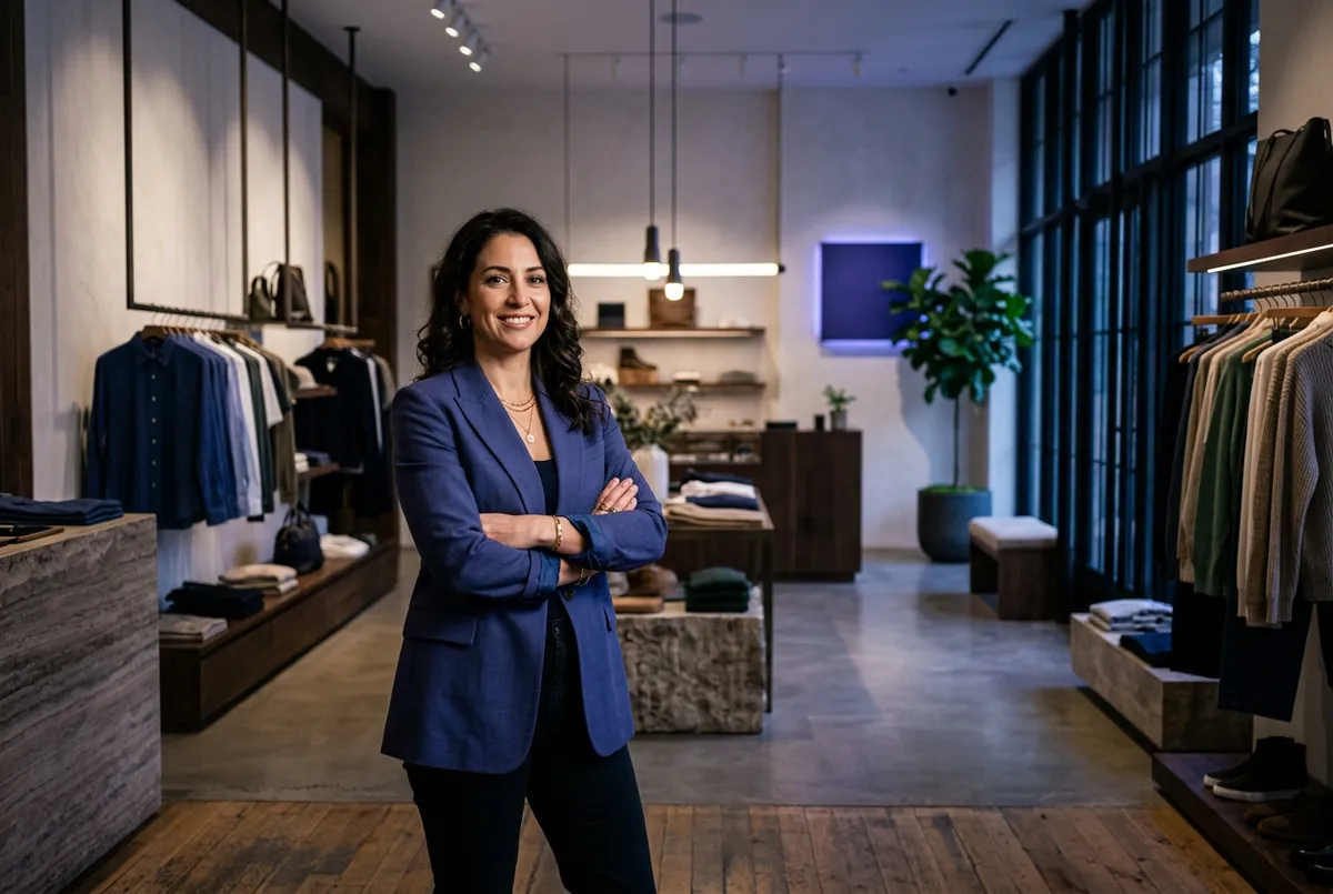 Dedicated entrepreneur and store owner warmly engaging with customers in an upscale boutique environment