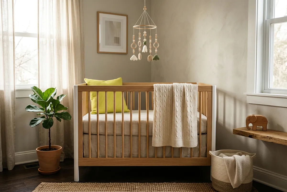 Nursery crib with organic cotton bedding and neutral baby room decor
