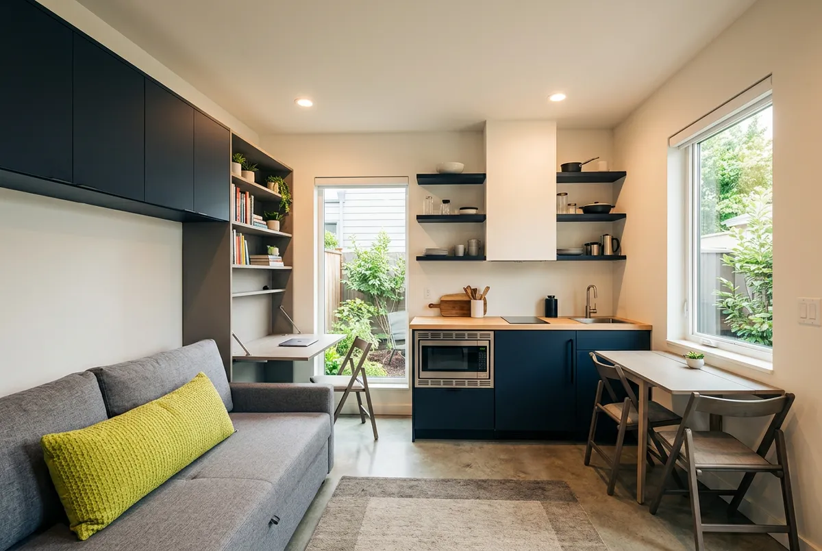 Space-saving modern ADU interior furniture and appliances