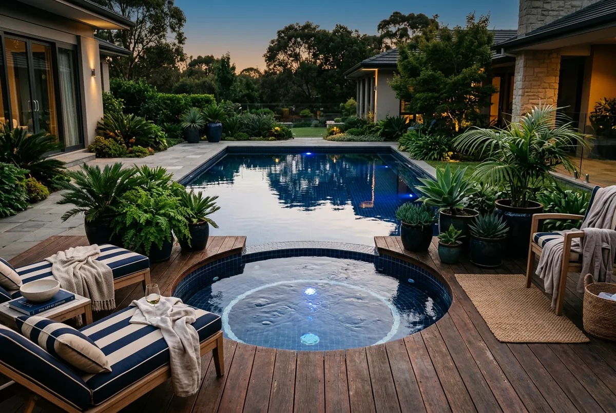 Crystal clear swimming pool, luxury spa hot tub, and recreation deck