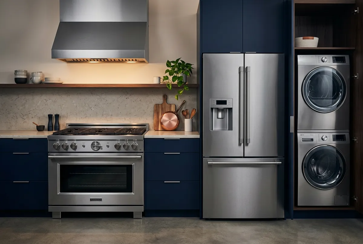 Sleek stainless steel kitchen and home laundry appliances