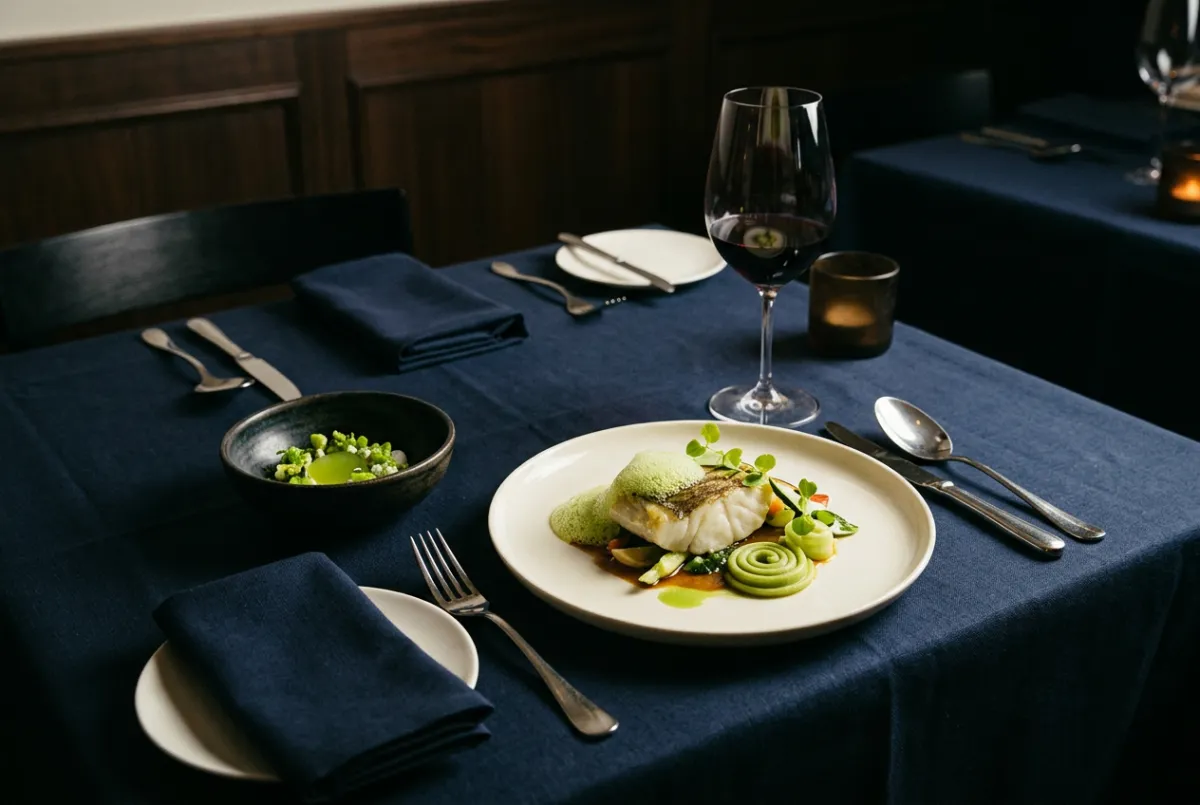 Fine dining restaurant table setting with artistic culinary dishes