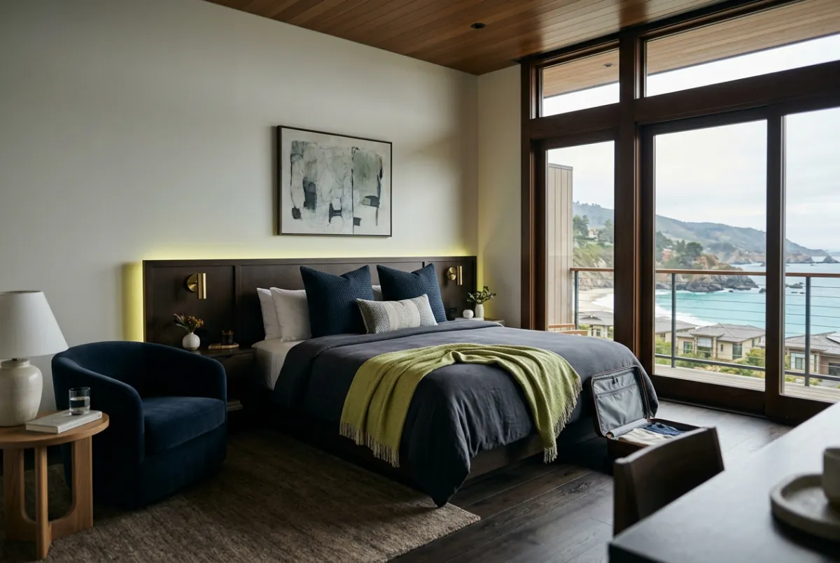 Luxury boutique hotel room with resort views