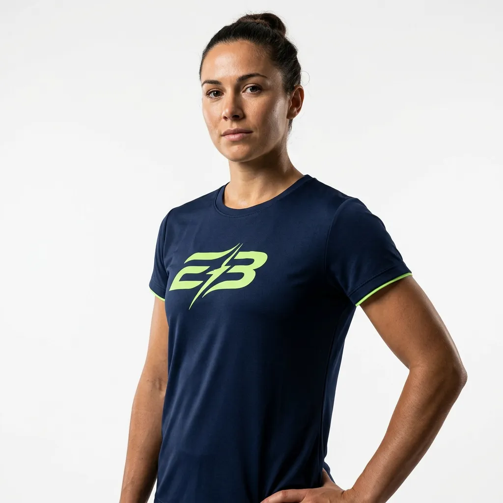 Signature Tee Navy mockup with EB Lime graphic print detail on female athlete model