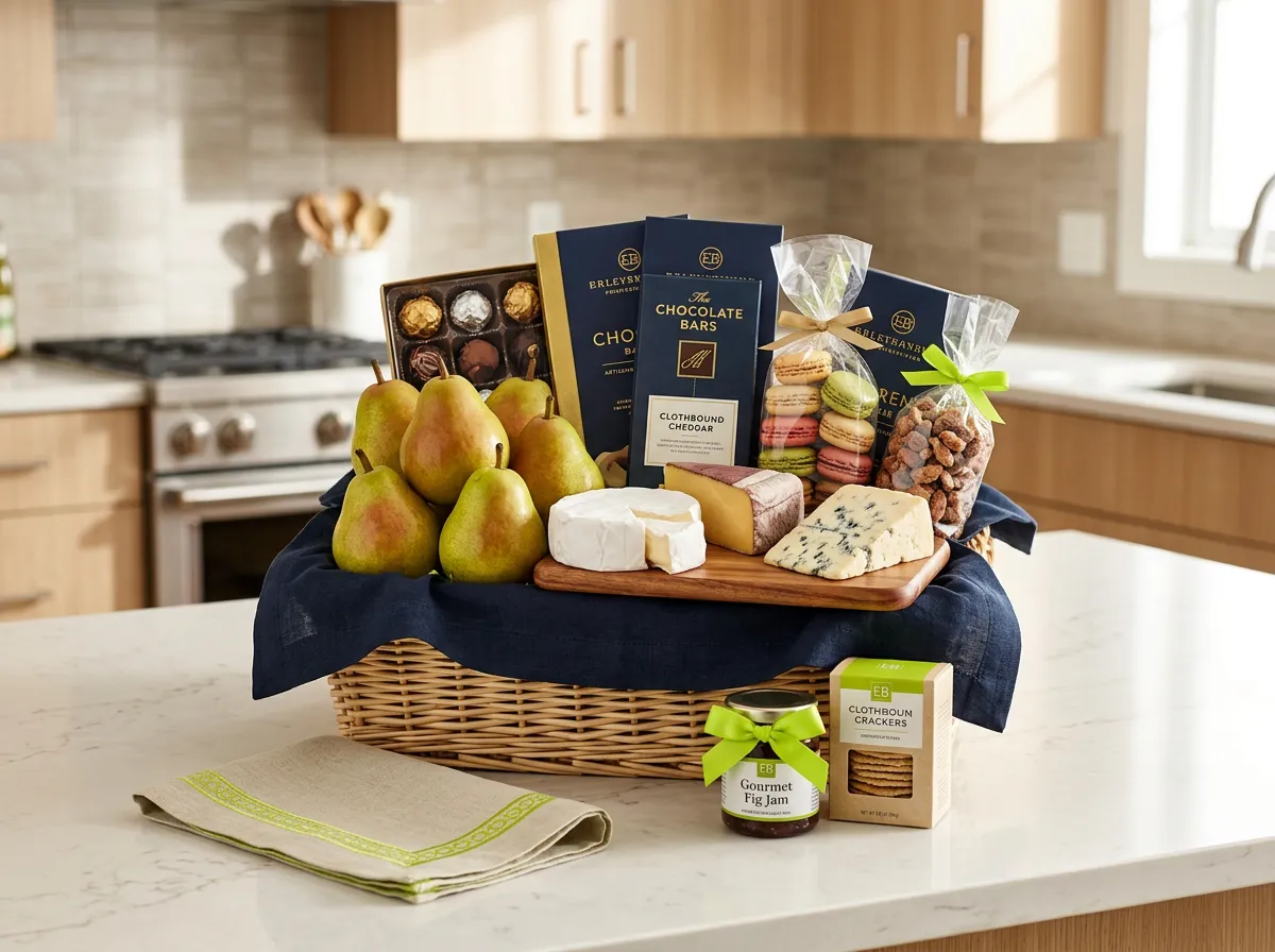 Harry and David luxury gourmet gift basket assortment with fresh Royal Riviera pears and sweet confections