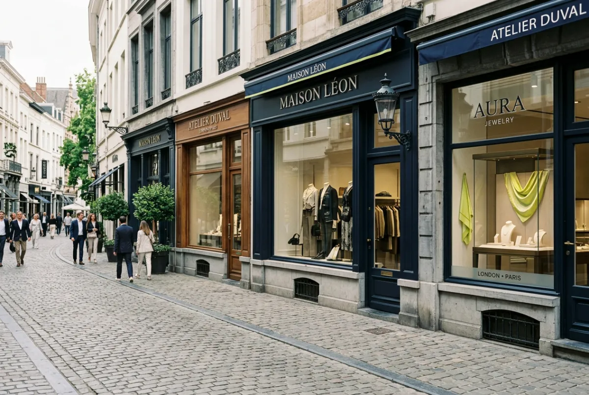 High-end retail boulevard with designer boutique storefronts