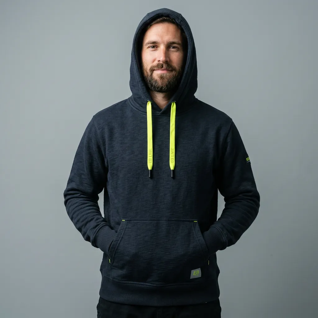 Utility Hoodie heavyweight fleece with EB Lime storm drawcords on model