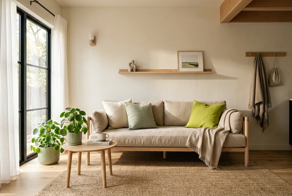 Scandinavian ADU Interior with light woods and warm natural lighting