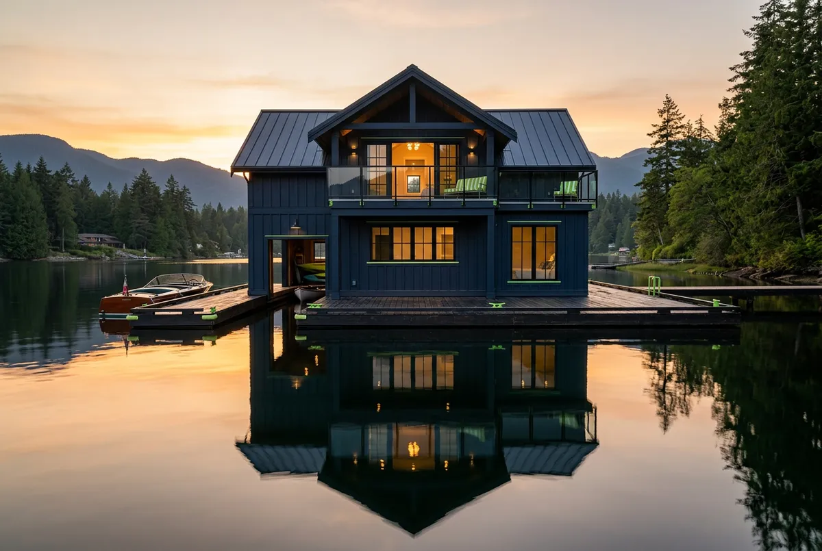 Scenic waterfront boathouse with high-end upper-level ADU guest suite overlooking calm water