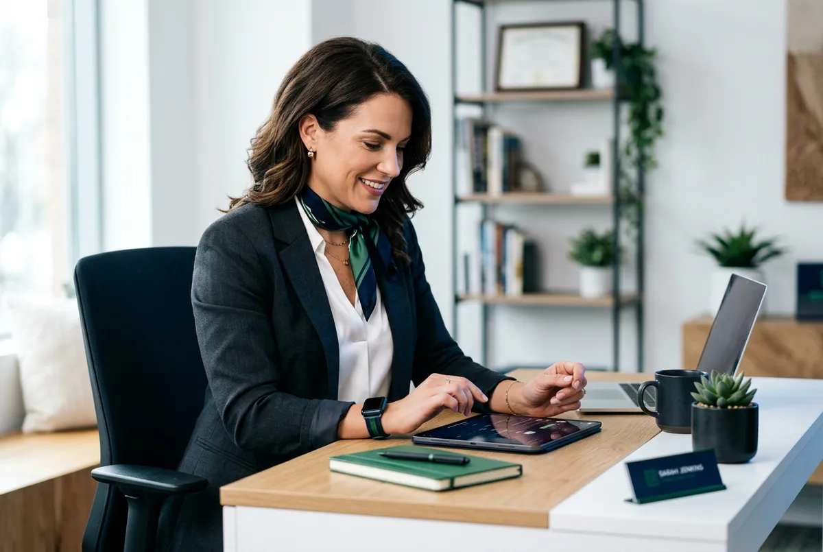 Modern business owner using smart technology in a contemporary bright workspace