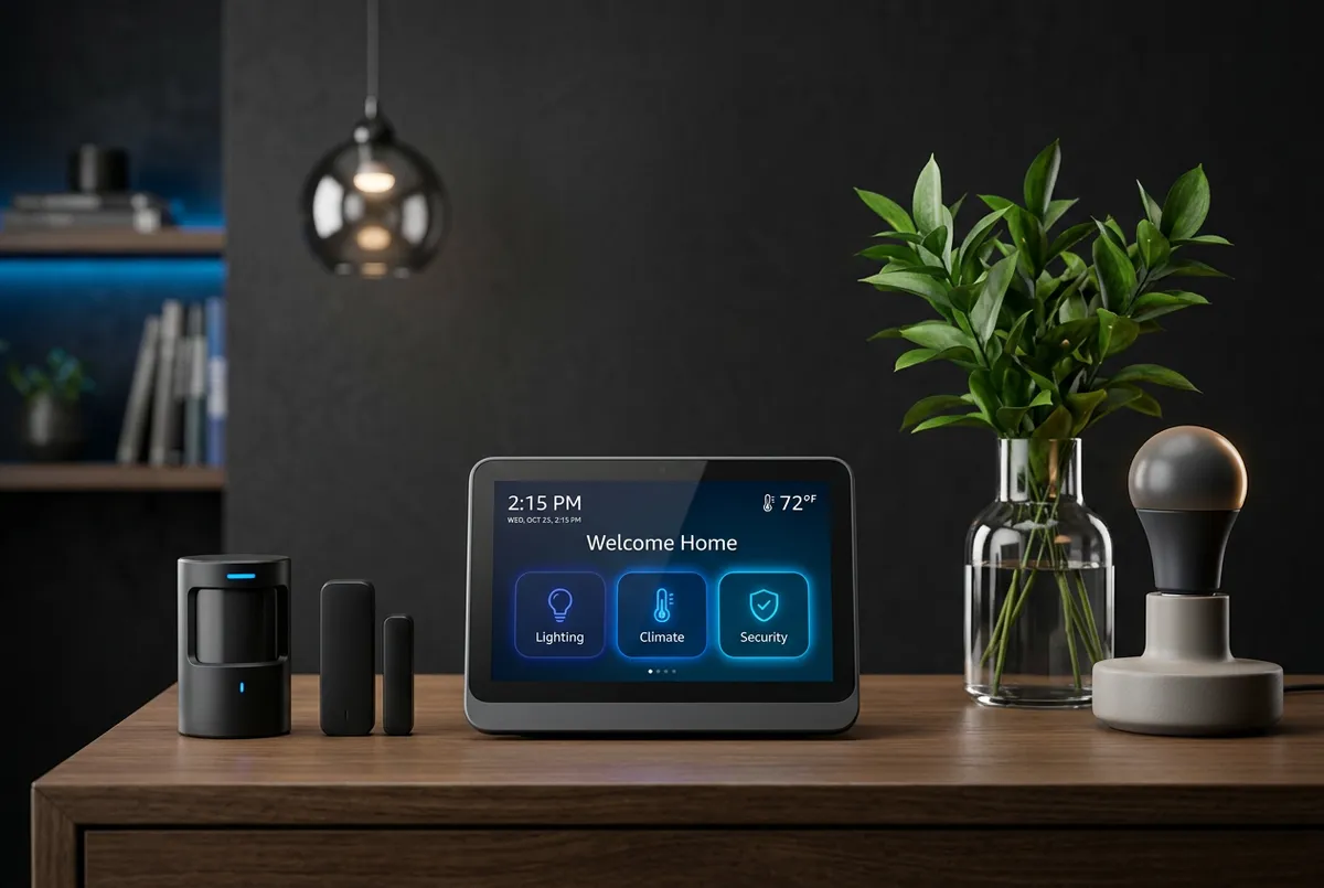 Smart home hub interface, intelligent security sensors, and connected lighting