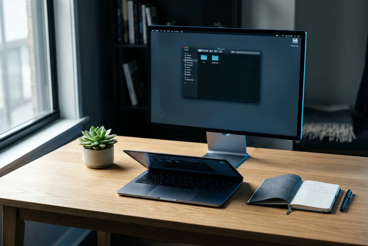 Modern laptop and desktop computer setup on clean minimalist desk