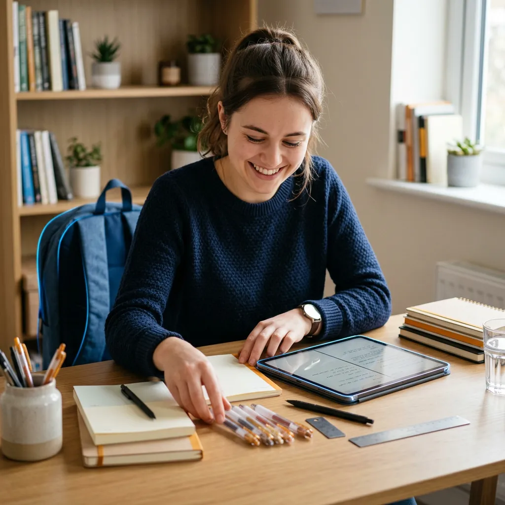 Enthusiastic student at an organized desk with modern stationery, tech tablet, and vibrant back to school supplies