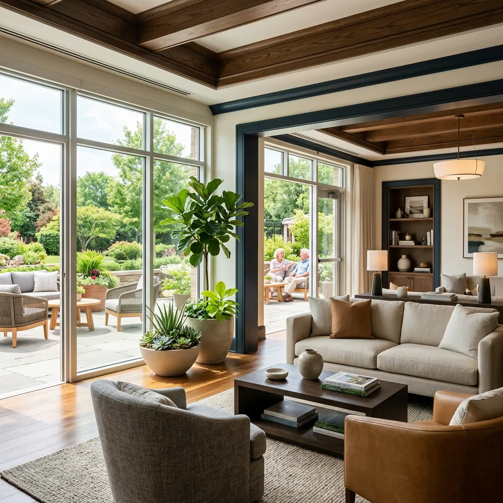 Upscale sunlit senior living architectural interior and terrace