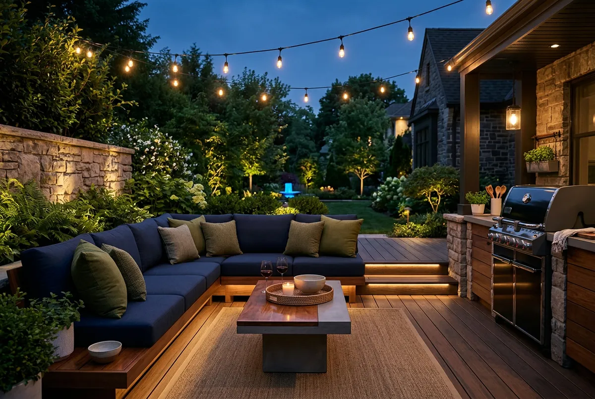 Luxury patio sectional, outdoor gas grill, and ambient evening deck lights