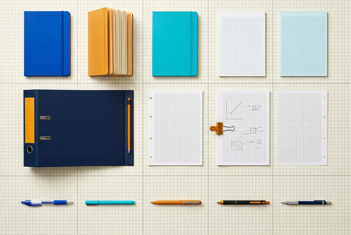 Stationery setup including graph paper notebooks, binders, and precision pens
