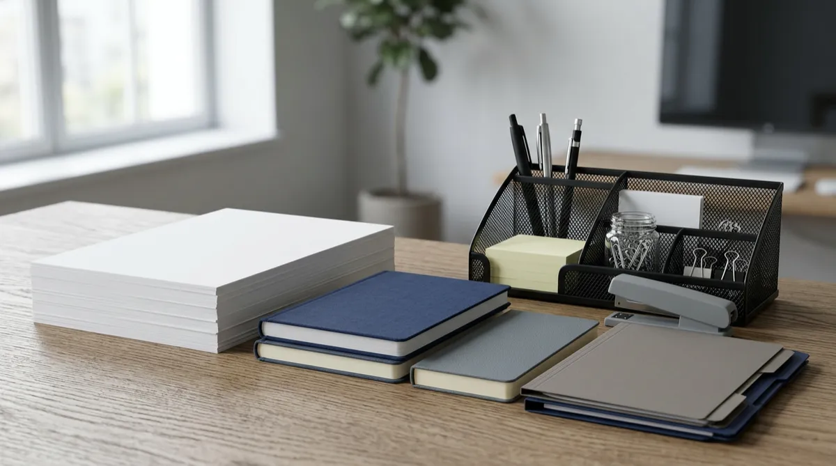 Photorealistic premium office supplies on a modern professional desk (paper, pens, notebooks, folders, desk accessories)