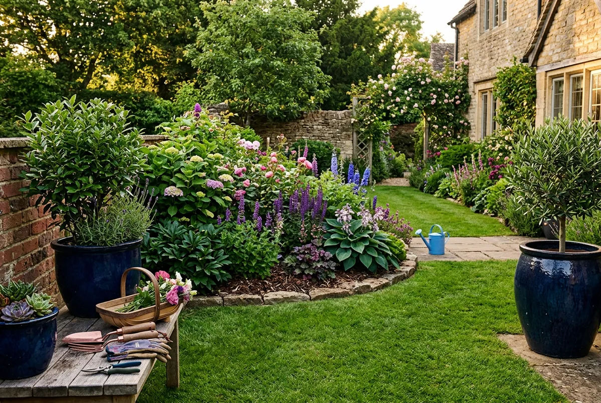 Manicured lawn, vibrant garden beds, and botanical landscape tools