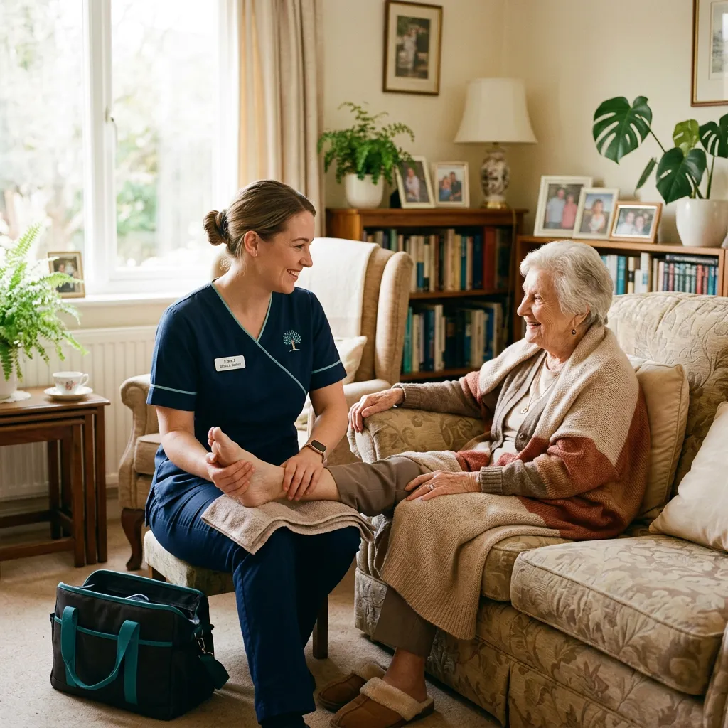 Friendly mobile foot care nurse consulting warmly with an elderly senior woman in her home living room