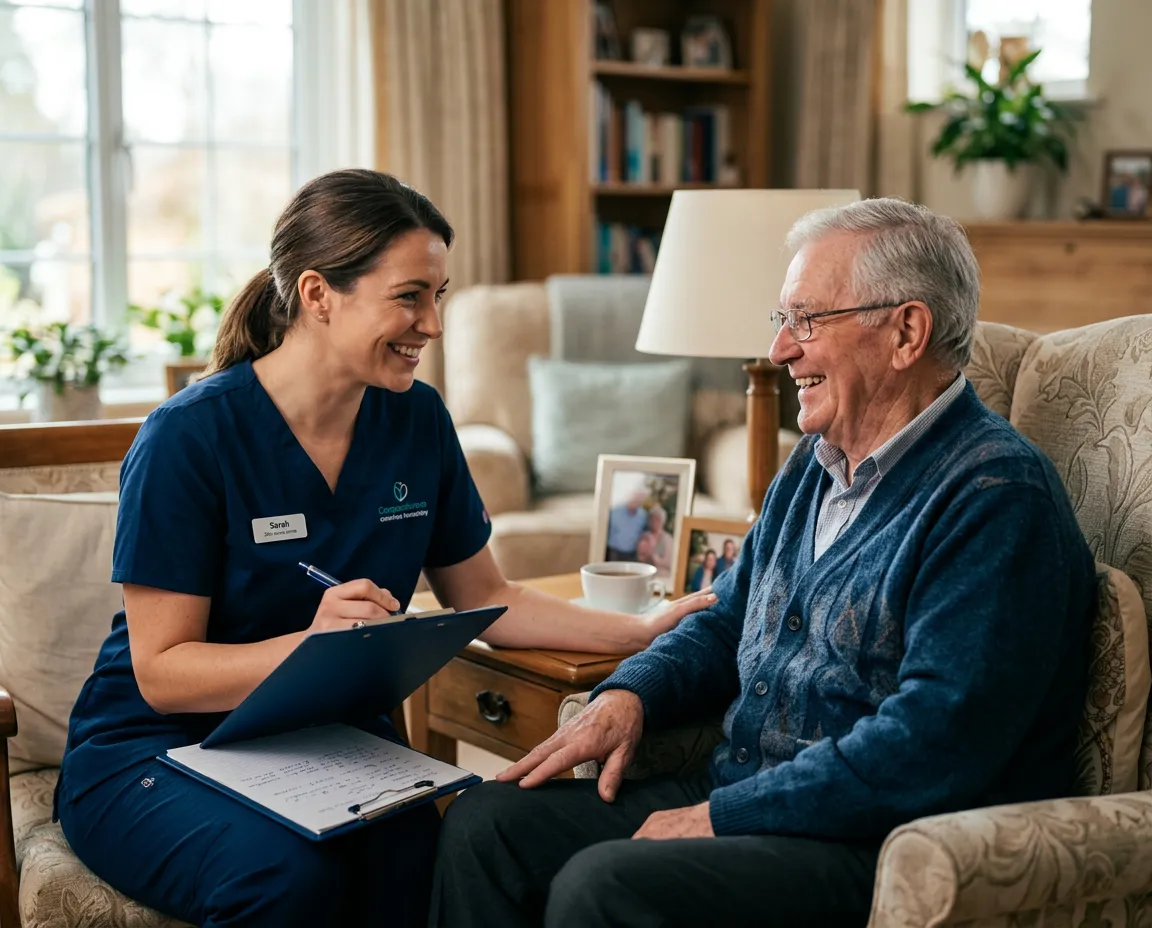 Compassionate nurse checking notes and smiling with a cheerful senior resident in a home setting