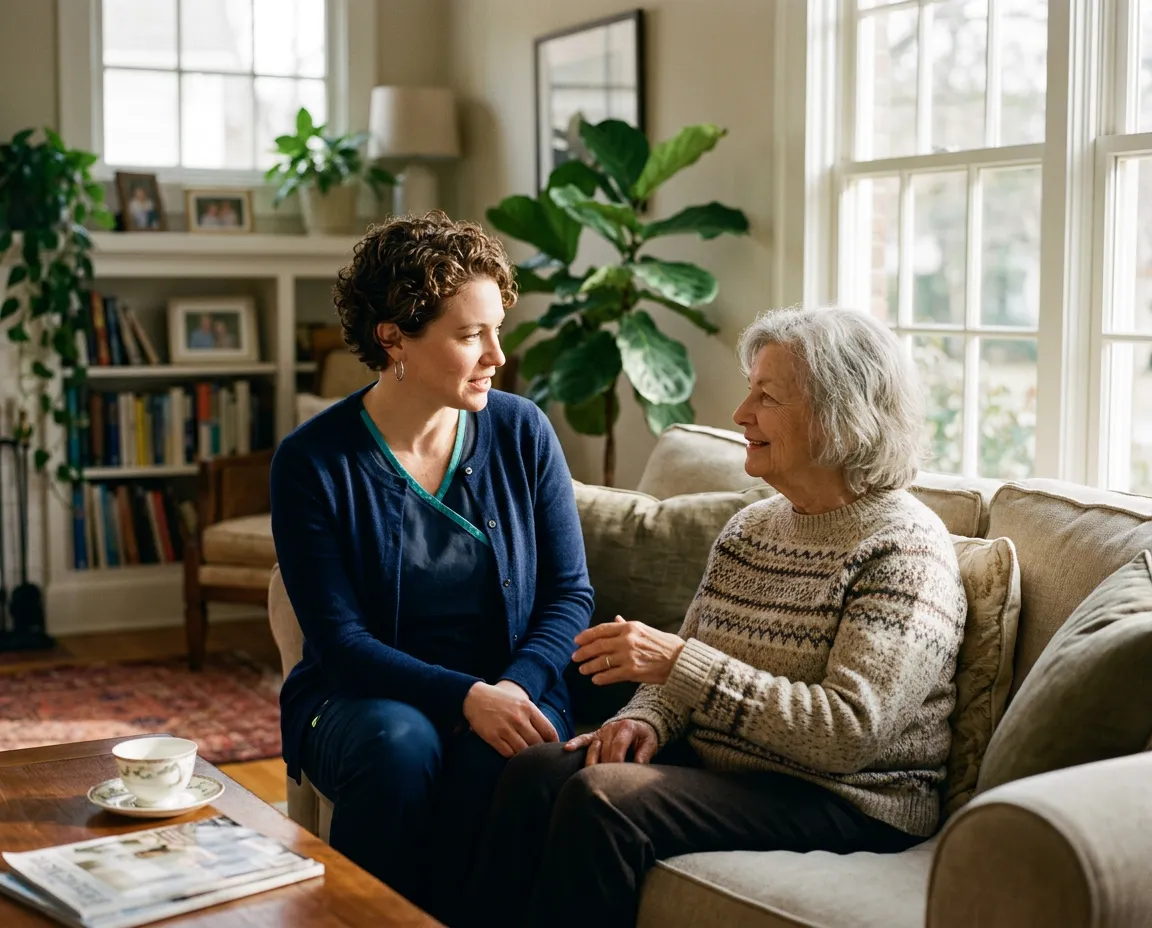 Friendly healthcare provider sitting comfortably with a senior client in a sunlit living room discussing wellness