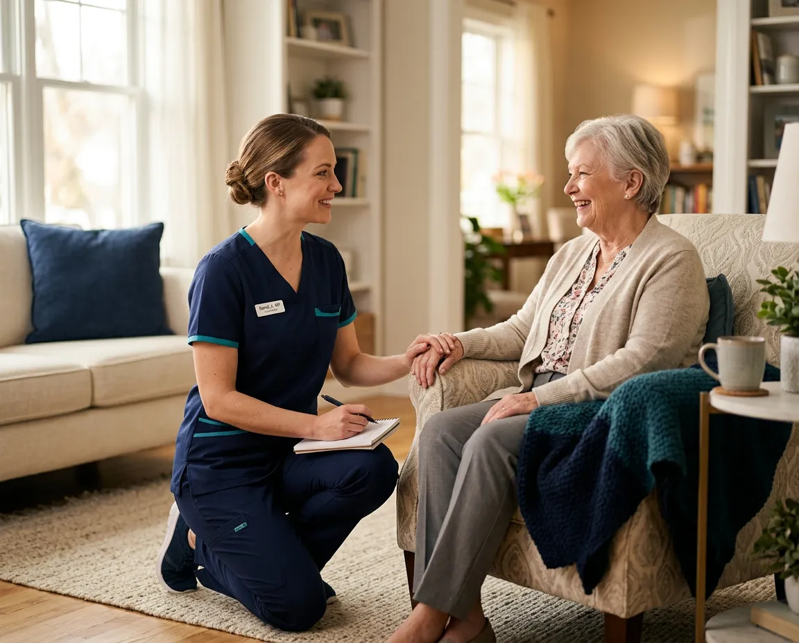 A caring nurse visiting a senior patient at home for comfortable foot care consultation