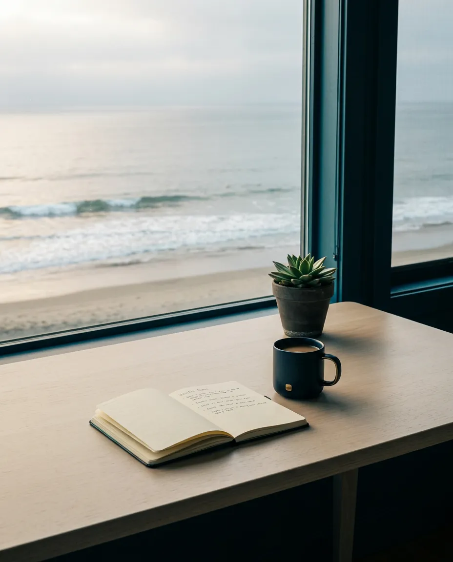 Calm coastal workspace bathed in natural morning light, offering quiet visual relief
