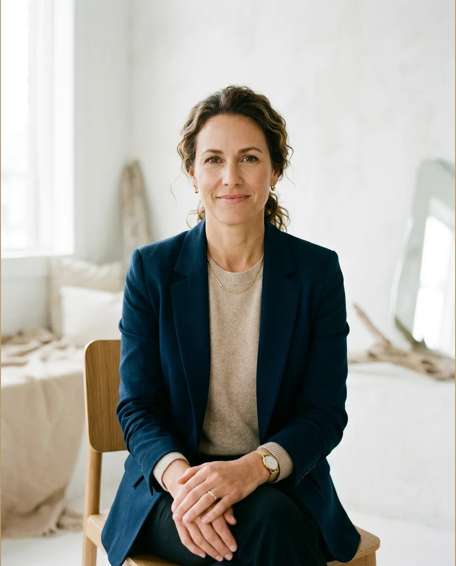 Portrait of Beckey Gallamore, founder of Anchor AI Strategies, in a warm natural-light studio setting