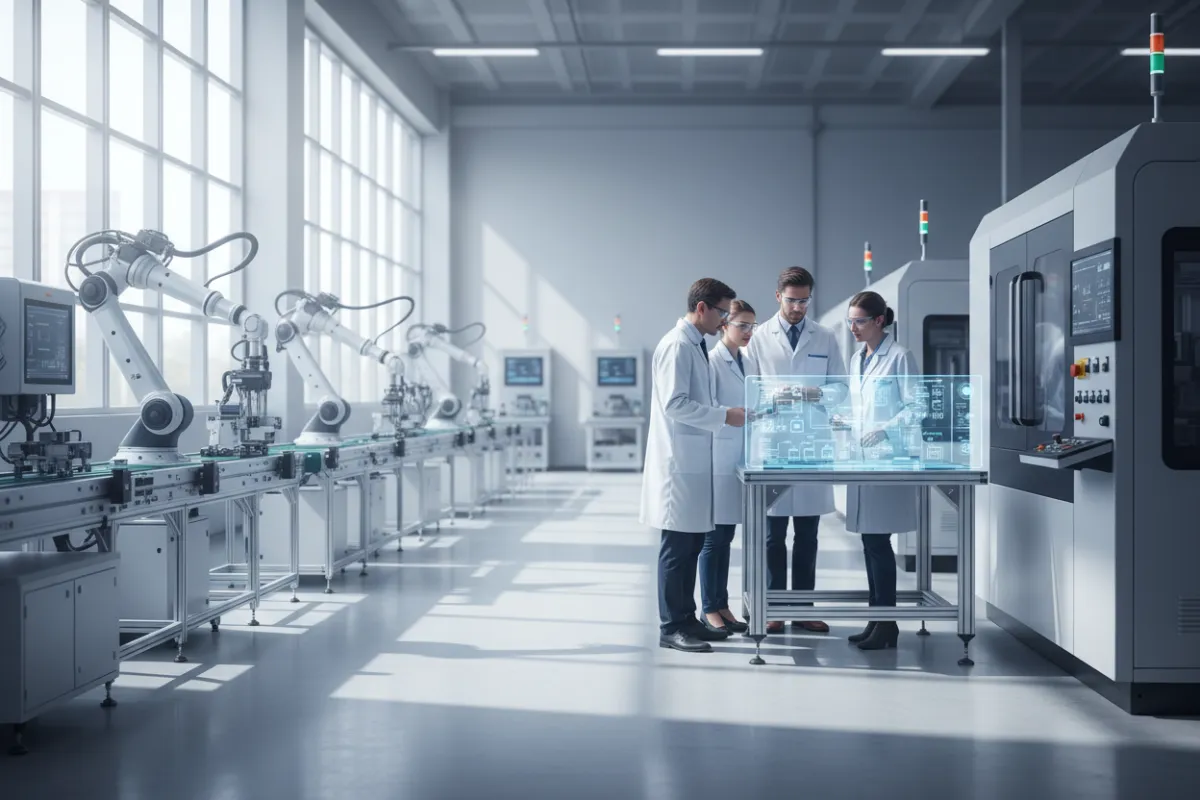 Modern manufacturing plant with advanced machinery and professionals collaborating on process improvements, sunlight streaming through large windows, blue and white color palette, 3:2 aspect ratio.