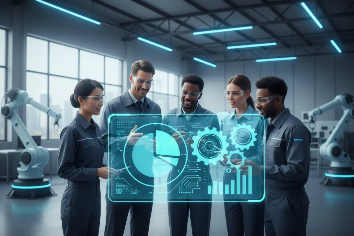 A vibrant digital illustration showing a diverse group of manufacturing professionals gathered around a large screen displaying charts and gears, set in a modern factory environment with blue and teal accents, conveying collaboration and innovation in manufacturing.