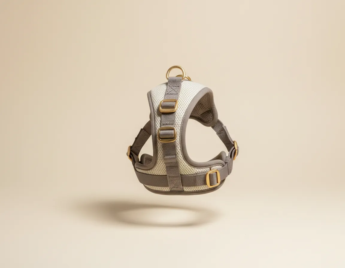 Desaturated editorial product photo of an ergonomic dog harness