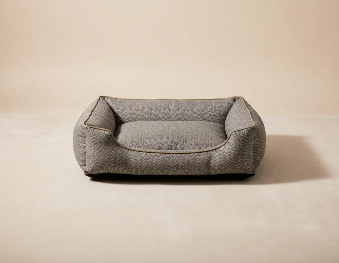 Desaturated editorial product photo of an orthopedic dog bed