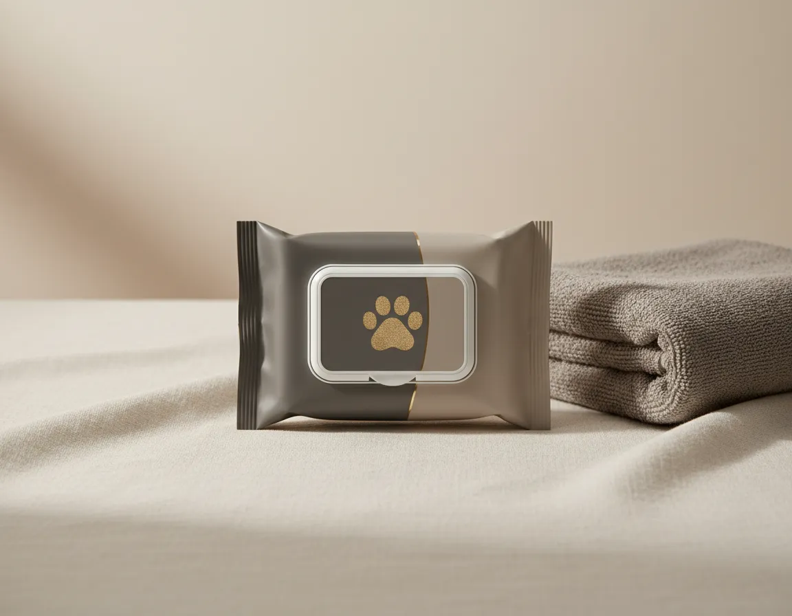 Desaturated editorial product photo of dog grooming wipes