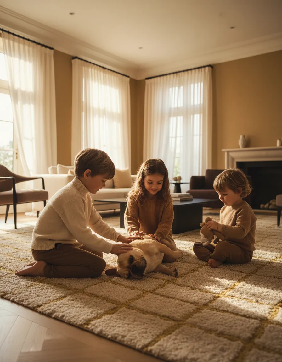 A warm, candid family moment in the BoStella home showing dogs interacting with children