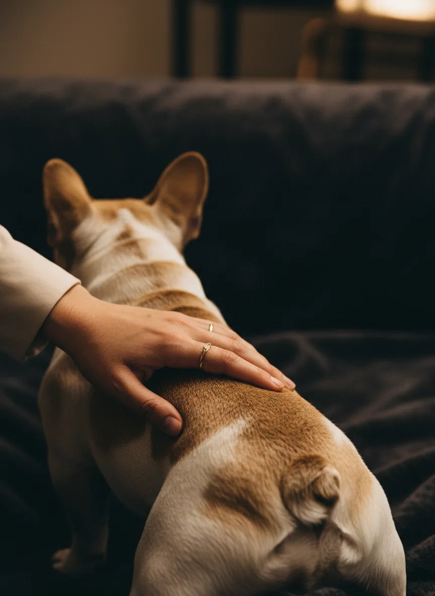 Owner offering calm leadership to a French Bulldog