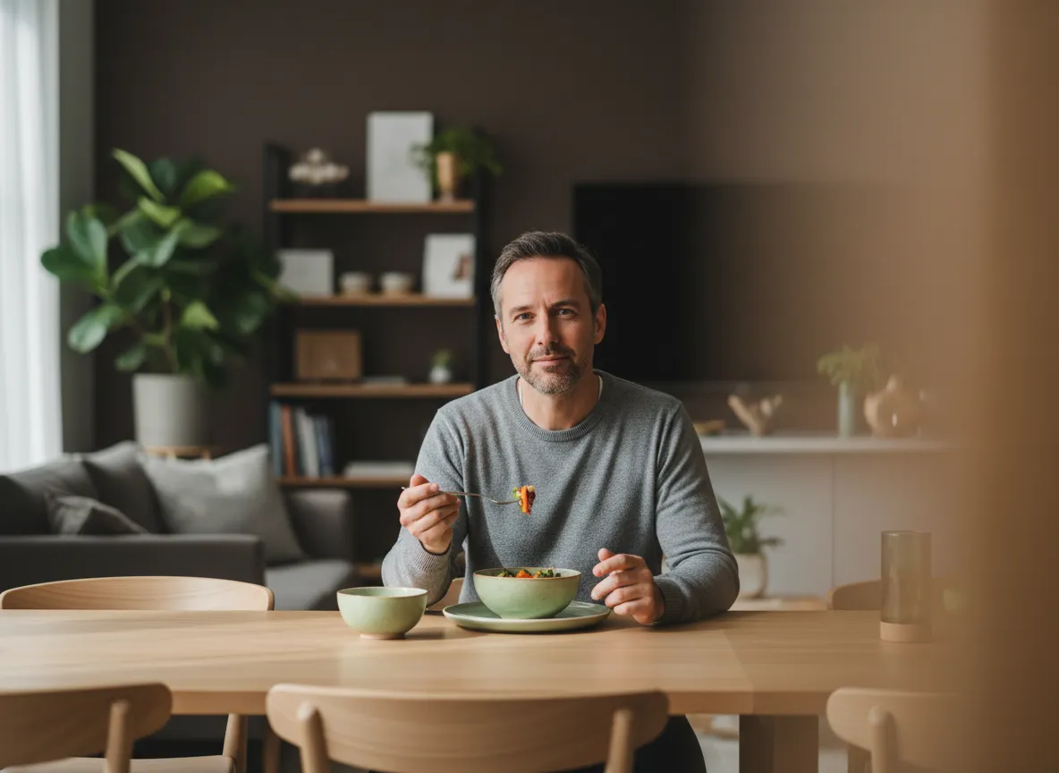 Paciente adulto disfrutando de una comida con tranquilidad