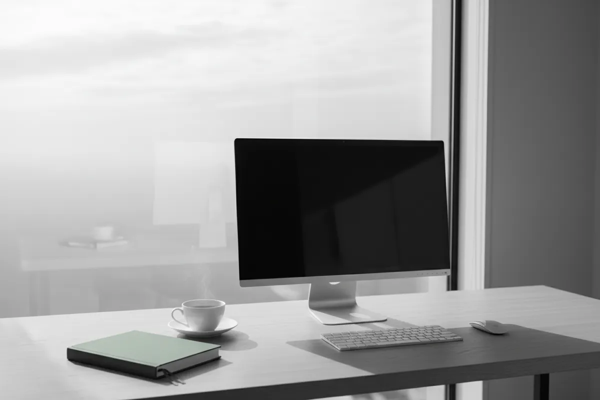 A modern, monochrome workspace with a sleek computer, sage green notebook, and a cup of tea, set against a large window with soft daylight. The scene is calm, inviting, and uncluttered.