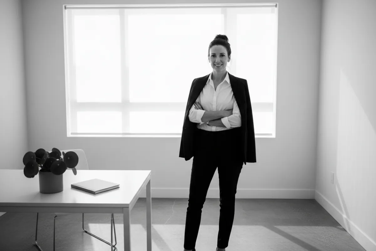 A modern, high-contrast black and white photograph of a small business owner standing confidently in a bright, minimalist office space, with subtle sage green accents on a desk plant and a notebook, conveying calm professionalism and approachability.