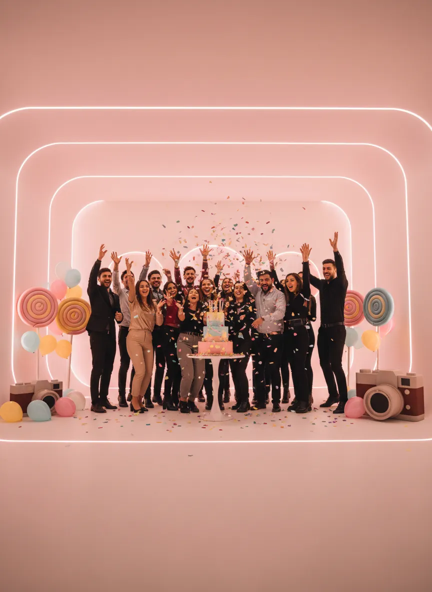 Group of friends having a birthday party at Sundae School Selfies studio