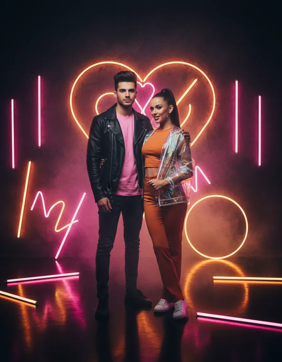 Couple laughing in the Neon Nights selfie room