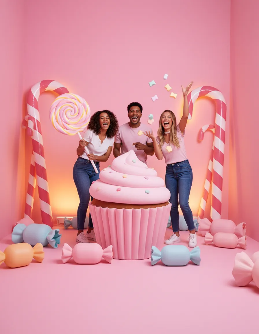 Friends posing in The Candy Shoppe selfie room