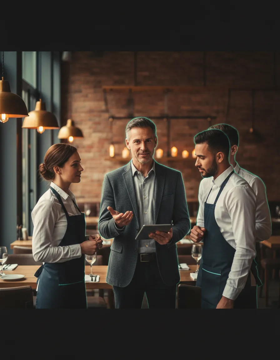 Restaurant owner interacting with technology and staff