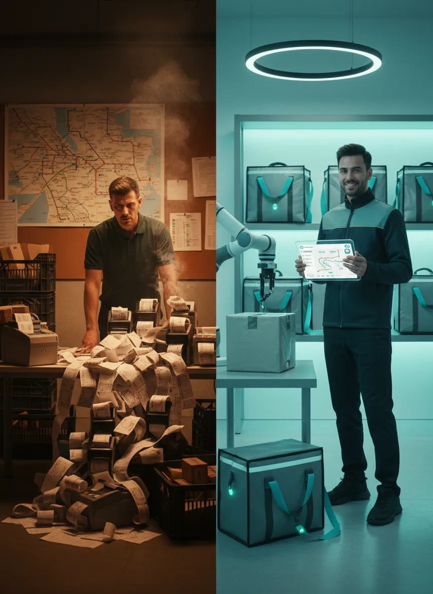 A visual representation of inefficient delivery operations vs optimized operations