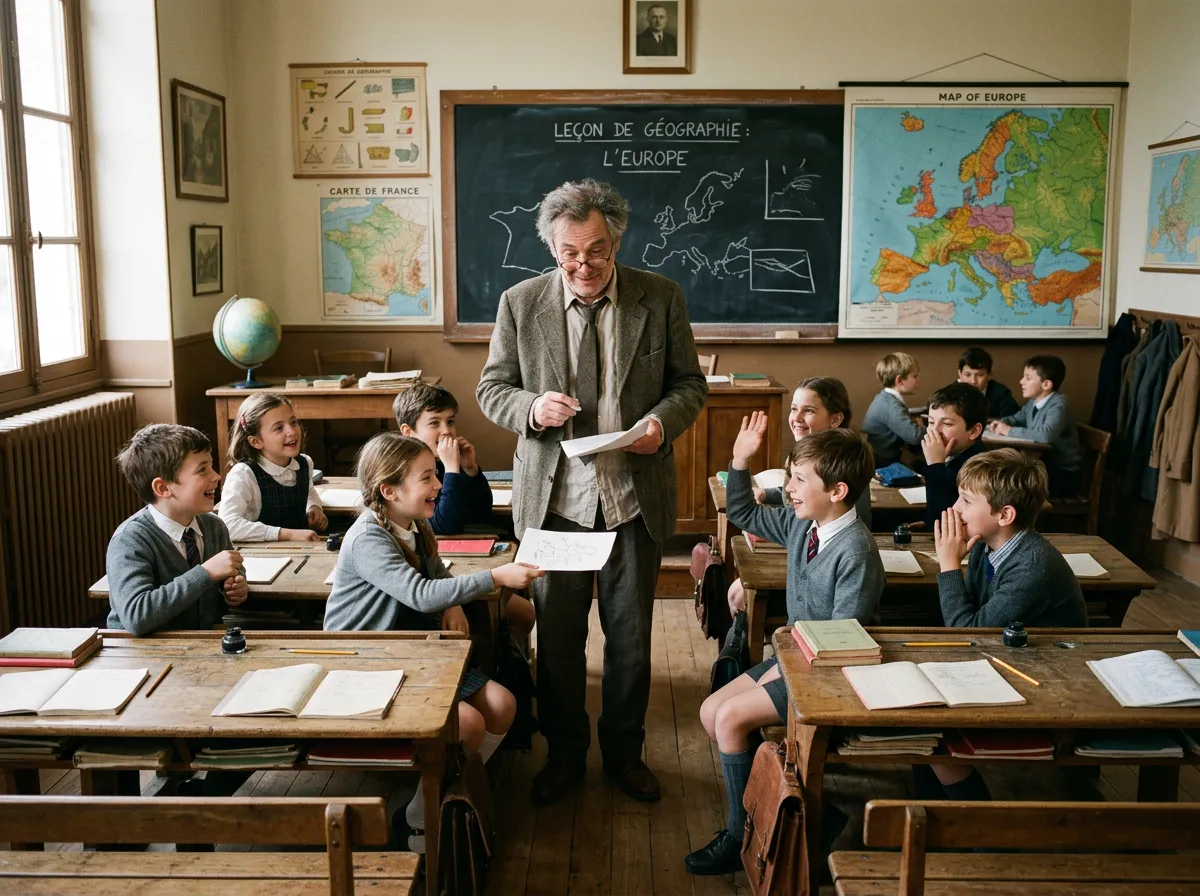 Projet Vintage : ancienne salle de classe rétro, ambiance théâtrale, professeur bienveillant et élèves curieux (image illustrative)