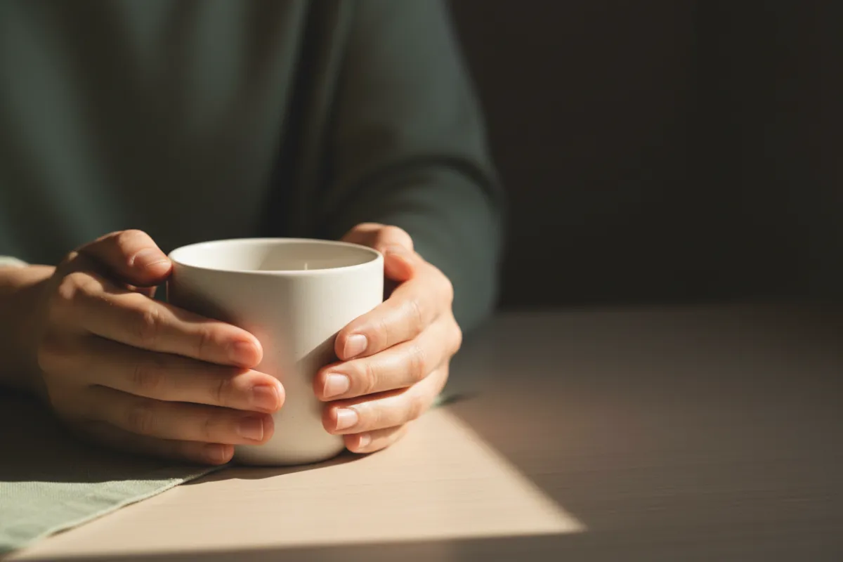 Mains tenant une tasse de thé chaud, ambiance réconfortante