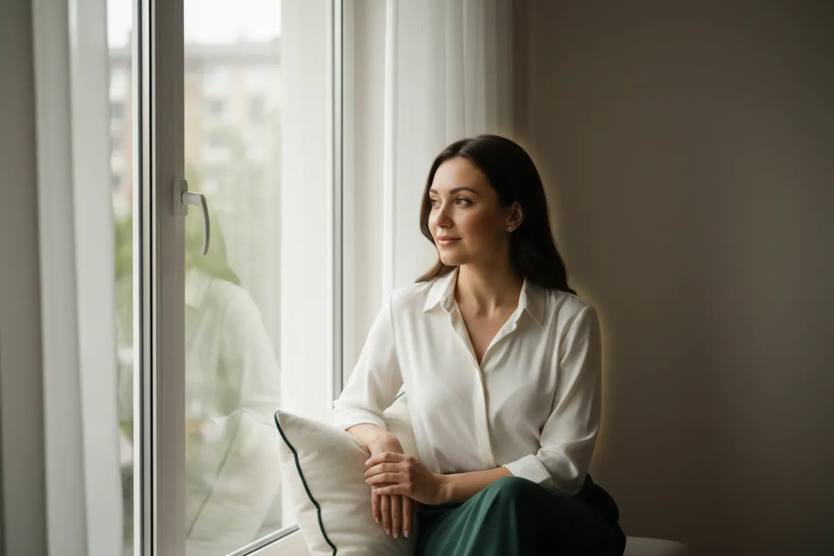 Femme sereine regardant par la fenêtre, lumière douce et naturelle