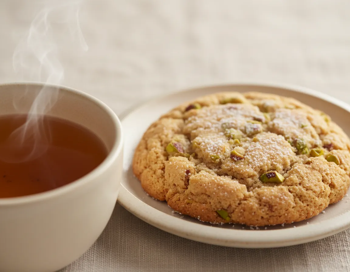 Pistachio shortbread cookie with tea